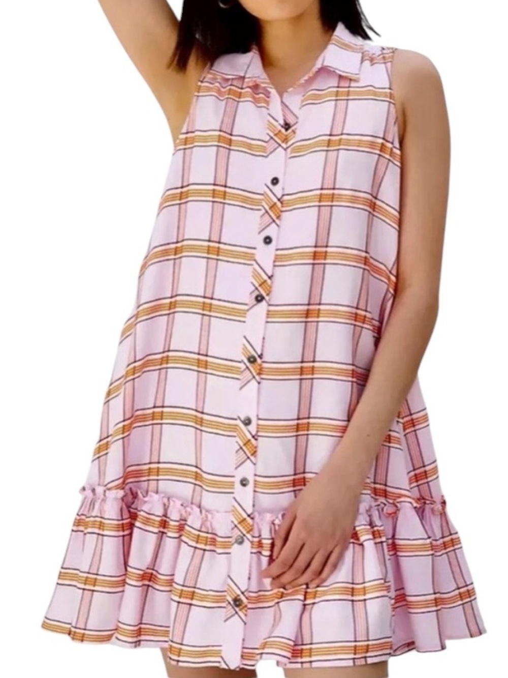 Maeve Pink Plaid Sleeveless Button-Front Ruffle Hem Dress Size Small